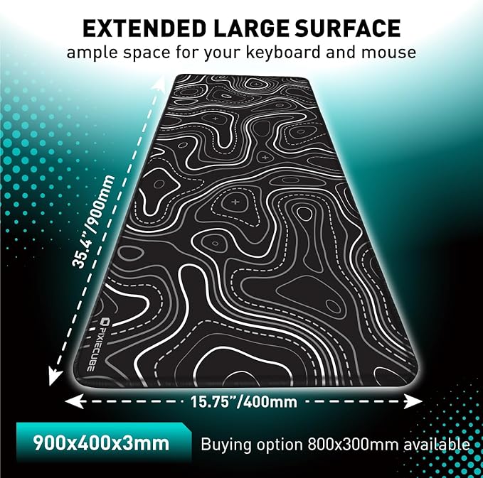 Minimalist Topographic Map Mouse Pad - Contour Extended Large Stitch Edge Mousepad. Black & White Non-Slip XXL Gaming Desk Mat