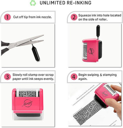 Miseyo Identity Theft Protection Roller Stamp Set - Peach (6 Refill Ink Incleded)
