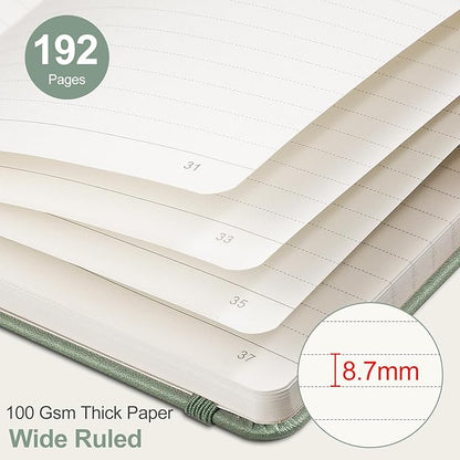 AHGXG Wide Ruled Notebook for School - Lined Journal for Women Men, 192 Numbered Pages, 100 GSM Thick Paper, A5 Hardcover Leather Notebook for Work, Writing, 5.7"×8.3" - Sage Green