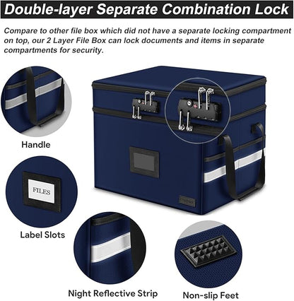 ETRONIK Fireproof Document Box with Lock, 2-Layer File Box Storage Organizer with 5 Tabs& Insert, Portable File Cabinet Storage Box with Handle for Hanging Letter/Legal Size Folder/Certificate, Blue