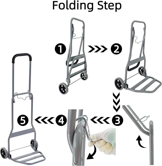 Folding Hand Truck with Silent Wheels, 165lbs Luggage Dolly Foldable Dolly Cart Lightweight Portable Folding Dolly Hand Cart Heavy Duty Utility Cart for Home Office Travel Use (Gray 2 Rubber Wheels)