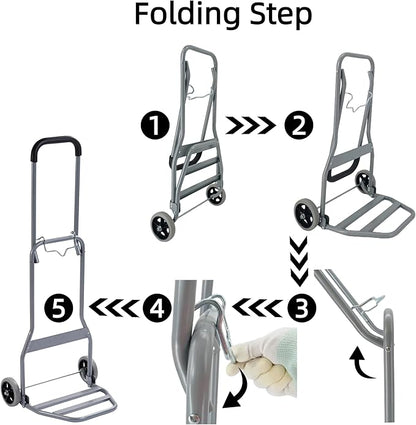Folding Hand Truck with Silent Wheels, 165lbs Luggage Dolly Foldable Dolly Cart Lightweight Portable Folding Dolly Hand Cart Heavy Duty Utility Cart for Home Office Travel Use (Gray 2 Rubber Wheels)