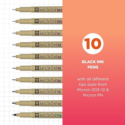 SAKURA Pigma Micron Fineliner Pens - Archival Black Ink Pens - Pens for Writing, Drawing, or Journaling - Assorted Point Sizes - 10 Pack