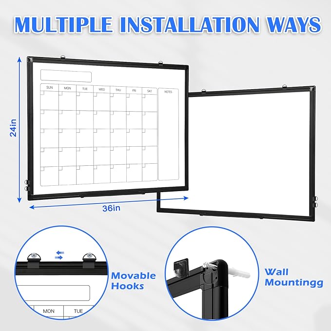 Monthly Calendar Dry Erase Whiteboard, 36" x 24" Magnetic Calendar White Board, Double-Sided Portable Board with Black Aluminium Frame for Office, Kitchen, School, Home