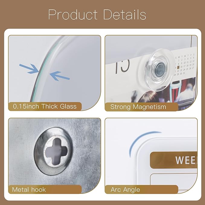 SELEAD Magnetic Glass Planning Board for Small Apartment - 18”x18” Dry Erase Whiteboard Weekly Planner Wall Calendar, Message Memo TODO Board for Home Kitchen, White&Gold