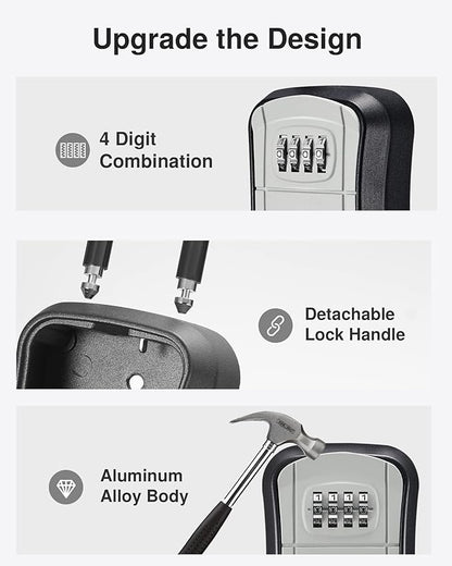 Puroma Key Lock Box, Portable Combination Lockbox Wall-Mounted Key Storage Box for House Keys, Resettable Code Safe Security Lock Box for Home, Office, Apartment Spare Key Storage (4 Pack, Gray)