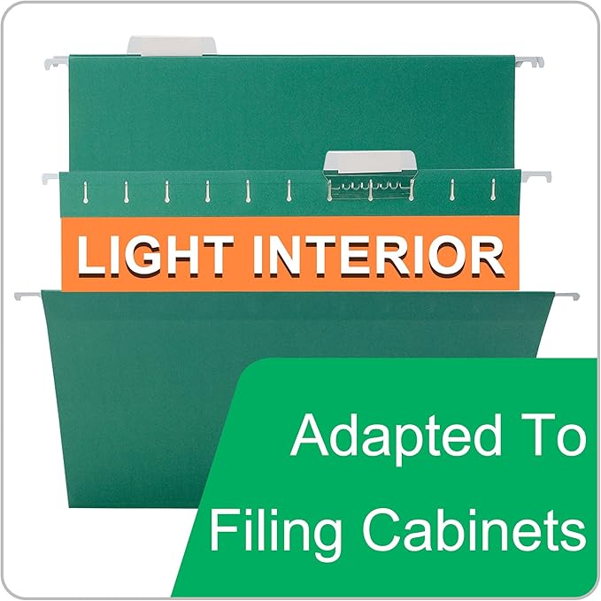 25 Packs Hanging File Folders,Green Letter Size File Folder,Designed for Bulky Files,Filing Cabinet,1/5 Adjustable Tabs for Office,School,Home
