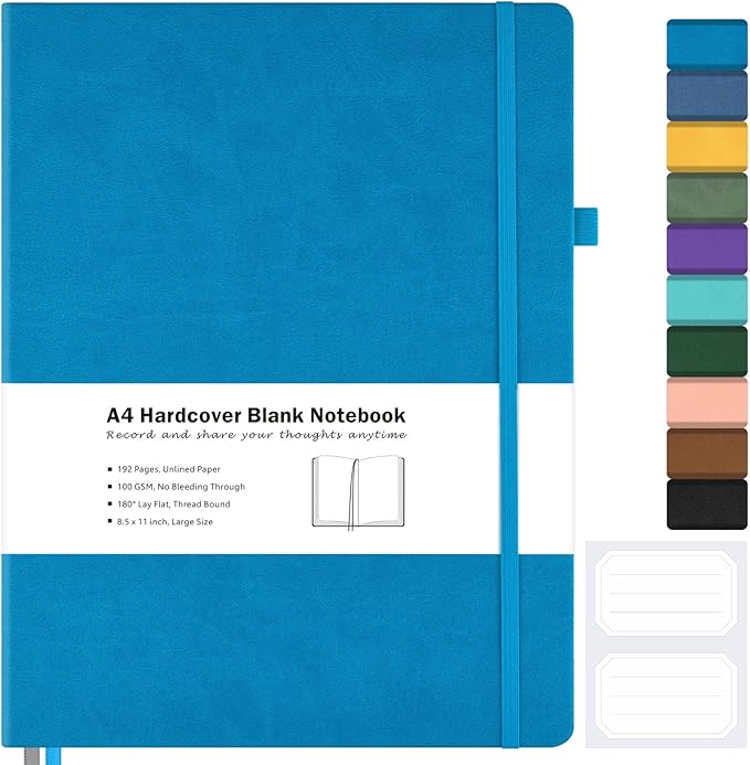 Blank Notebook, Hardcover Sketch Book, 8.5" x 11" Large Blank Journal, No Bleed Thick Paper Sketchbook for Drawing Art, Unlined Notebook Journal for Women Men, A4 Leather Sketchbook, Lay Flat, Blue