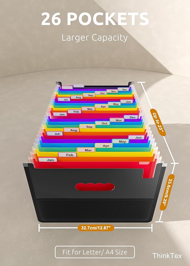 ThinkTex 26 Pockets Expanding File Folder, Upright & Coverless, A-Z Colorful Tabs, Larger Capacity Accordion Folder, Letter/A4 Size for School, Home and Office
