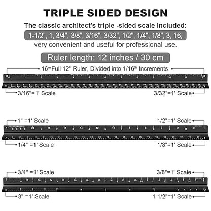 Architectural Scale Ruler Set, 2 Pack 12 Inch Aluminum Architect Ruler with Standard Metal Ruler, Imperial Architect Triangular Ruler with Etching for Architects, Engineers, Students and Draftsman