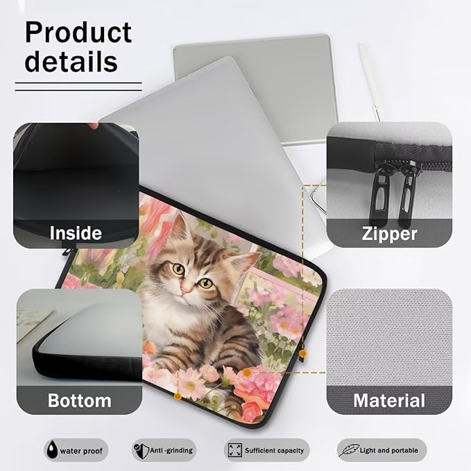 Cat Rose Printed Laptop Bag for Women Men, Lightweight Laptop Briefcase 17 Inch Shockproof Computer Carrying Cover with Zipper, Easy to Carry Laptop Case Bag for Daily Commuting