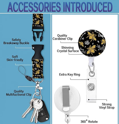ID Badge Holder with Retractable Lanyard and Keychain, Badge Reel with Rotate Carabiner Clip,Honey Bee Card Name Tag Lanyard ID Protector Bage Clips for Student, Women, Office