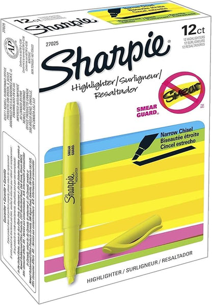 Sharpie Pocket Style Highlighters, Chisel Tip, Fluorescent Yellow, Box of 12