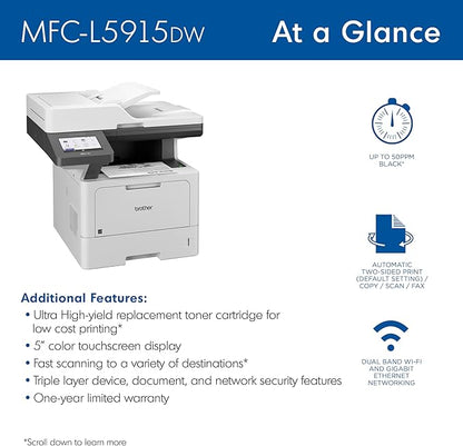 Brother Monochrome Laser Printer, Multifunction All-in-One Printer, MFC-L5915DW, Wireless Networking, Mobile Printing & Scanning, Duplex Print, Copy & Scan, Works with Alexa