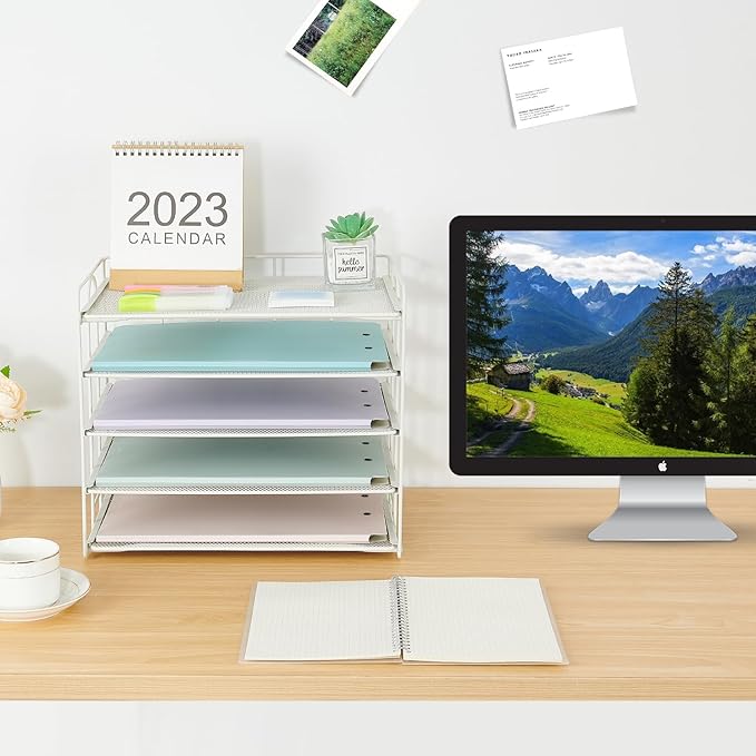 5 Tier Mesh Paper Letter Tray Organizer, Desktop Mail Sorter Office Supplies Organizer for Desk, Desk Organizers and Accessories (White)