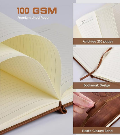 Lined Journal Notebook for Women Men,256 Pages A4 Large Hardcover Leather Journals for Writing,Travel,Business,Work,School,College Ruled Notebooks for Note Taking,Diary Notepad 8.6"×11" (Brown)