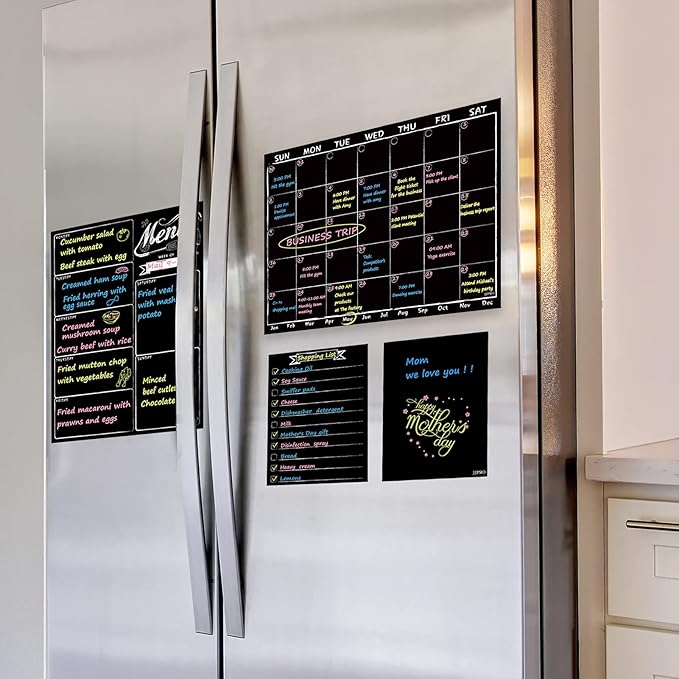 Magnetic Chalkboard Monthly Calendar - Weekly Meal Planning Blackboard Combo Set with Neon Bright Liquid Chalk Markers - Bonus Grocery List and Notepad Blackboard for Refrigerator Included