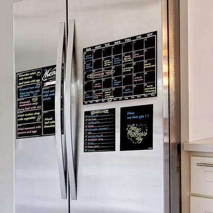 Magnetic Chalkboard Monthly Calendar - Weekly Meal Planning Blackboard Combo Set with Neon Bright Liquid Chalk Markers - Bonus Grocery List and Notepad Blackboard for Refrigerator Included