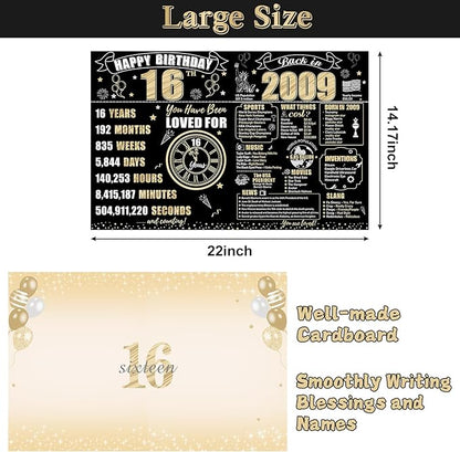 Large 16th Birthday Card With Envelope for Boys Girls, 2009 Black Gold Happy 16th Birthday Giant Guest Signature Book Gifts, Big Vintage 2009 16th Greeting Card Decoration Party Supplies