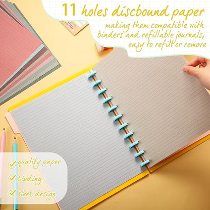 PerKoop 12 Pack 480 Sheets Colored Discbound Refill Paper 8.5 x 11 Inch College Ruled 11 Disc Letter Size Lined Paper Multicolored Refill Notebooks Disc Paper for Refill Paper Journaling(Novel Color)
