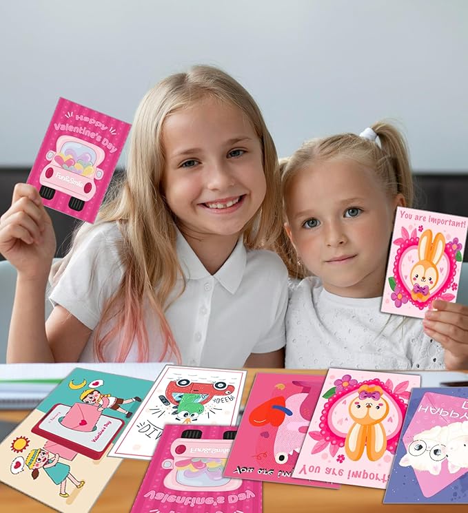 Valentines Day Cards for Kids School, 24 Sheets Valentines Cards for Kids Classroom, Valentine's Day Gifts for Kids, Exchange Kids Gifts for School