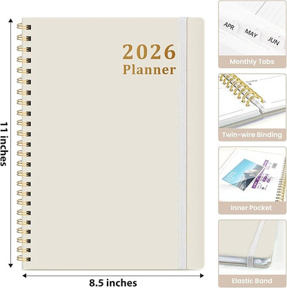 2026 Planner, Weekly and Monthly Calendar Planner, January 2026 - December 2026, Hardcover 2026 Calendar Planner Book with Tabs For Women & Men, Inner Pocket, Spiral Bound, Perfect for Office Home School Supplies - A4 (8.5" x 11"), Beige