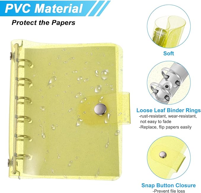 PATIKIL A7 Clear Binder Cover, Soft PVC Bling Loose Leaf Binder Protector Refillable Notebook Shell with Snap Button Closure for DIY Meeting Notebook Folder, Yellow