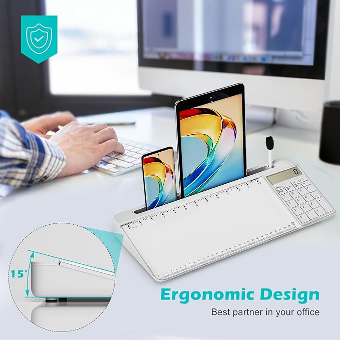 Desktop Glass Whiteboard with Mirror & Calculator(12 Digit LCD Display) & Ruler Marker,Tilted Computer Keyboard Stand with Dry Erase Board Surface, Desk Organizers with Accessories,White