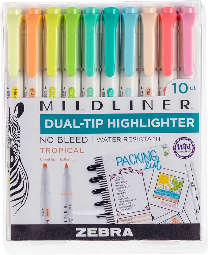 Zebra Pen Mildliner Double-Ended Highlighter Set, Broad and Fine Point Tips, Ideal for Bible Highlighting, No Bleed, Assorted Tropical Bisque Ink Colors, 10-Pack (78301)