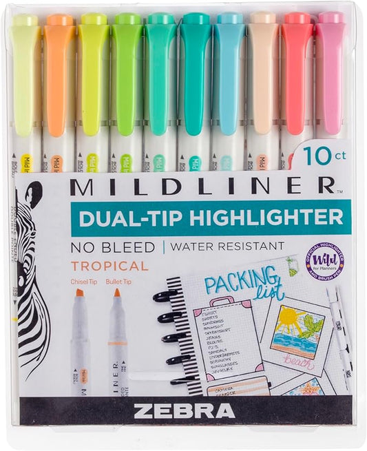 Zebra Pen Mildliner Double-Ended Highlighter Set, Broad and Fine Point Tips, Ideal for Bible Highlighting, No Bleed, Assorted Tropical Bisque Ink Colors, 10-Pack (78301)