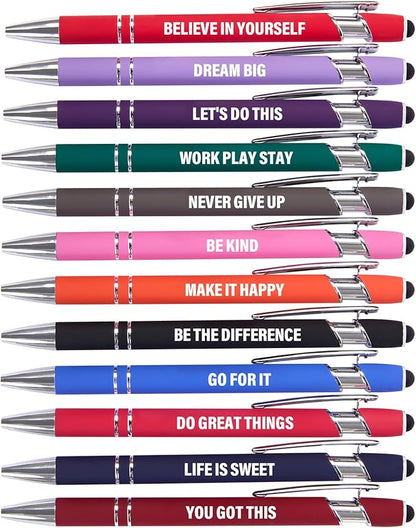 Funny Pens, 12 Pcs Pens Fine Point Smooth Writing Pens, Inspirational Ballpoint Pens with Screens Touch Stylus Tips, Black Ink 1.0 Mm Pens Gift Office Desk Accessories, Motivational Stylus Pens