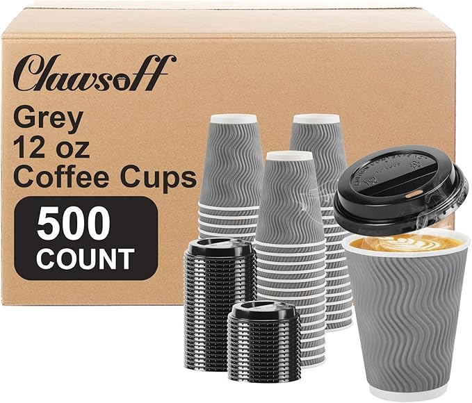 500 Pack Coffee Cups with Lids 12oz, Disposable Insulated Ripple Wall To Go Paper Coffee Cups for Hot/Cold Drinks Office Home Shop Event (Grey)