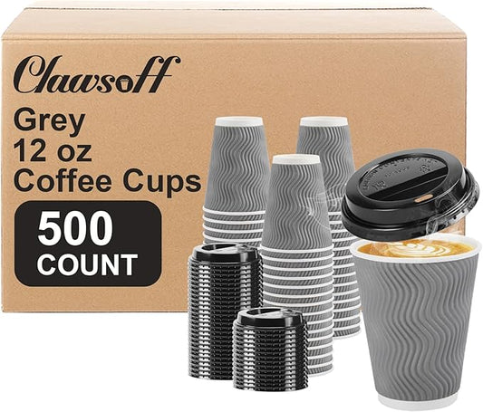 500 Pack Coffee Cups with Lids 12oz, Disposable Insulated Ripple Wall To Go Paper Coffee Cups for Hot/Cold Drinks Office Home Shop Event (Grey)