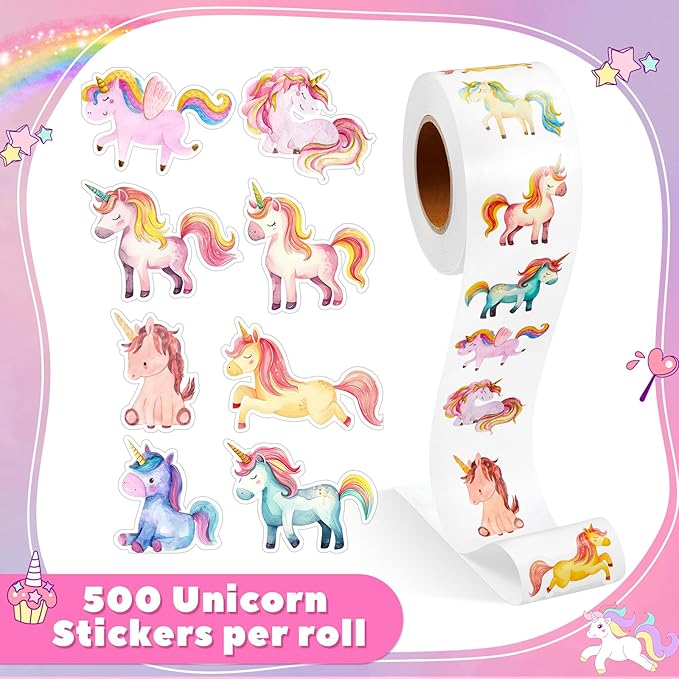 1 Roll Animal Stickers Reward Cute Space Stickers Office Supplies Incentives Sticker Animal Party Favor Decal, 500 Pcs Each Roll(Rainbow Horse)