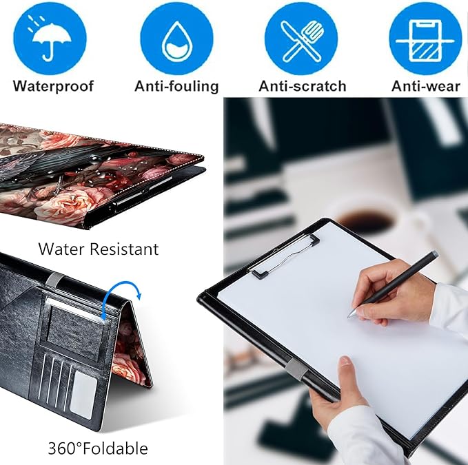 Bird and Roses Padfolio Folder with Clipboard,Portfolios Organizer Clipboards with Storage Clipboard Writing Pad PU Leather Conference Document Organizer with Business Card Holder