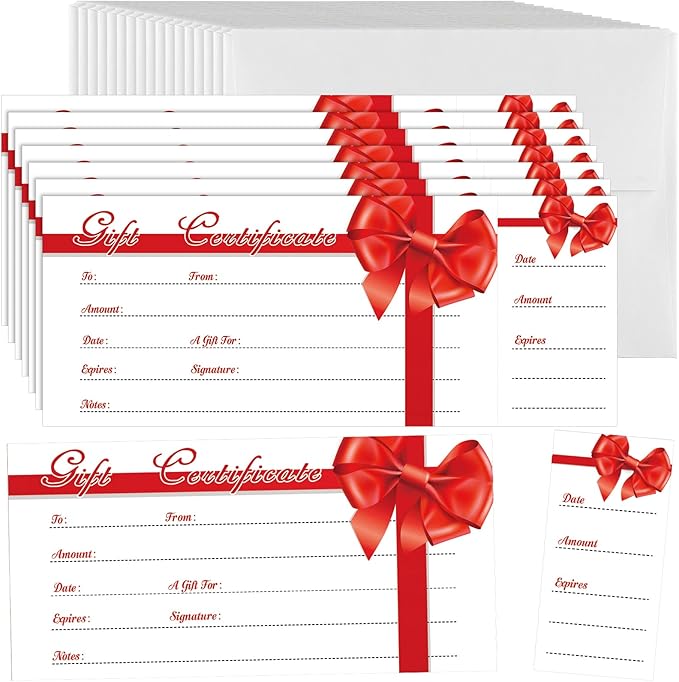 Sinmoe 50 Sets Gift Certificate for Business with 50 Pcs Envelopes Blank Gift Certificate Cards with Name and Address Rustic for Beauty Salon Restaurants Birthday(4.72 x 2.36 Inch, Ribbon Style)