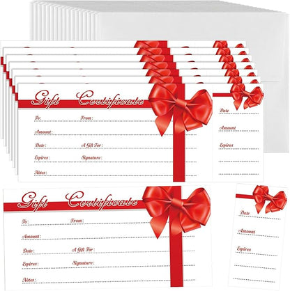 Sinmoe 50 Sets Gift Certificate for Business with 50 Pcs Envelopes Blank Gift Certificate Cards with Name and Address Rustic for Beauty Salon Restaurants Birthday(4.72 x 2.36 Inch, Ribbon Style)