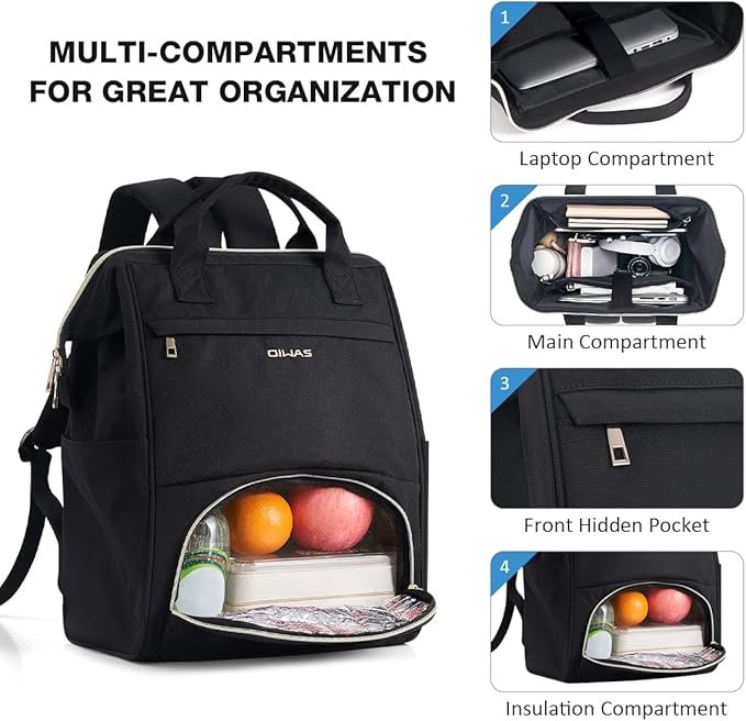 OIWAS Lunch Backpack for Women, 15.6 inch Laptop Backpack Insulated with USB Port, Work Backpack with Insulated Cooler Lunch Bag for Men Travel Work Travel Picnics Hiking, Black