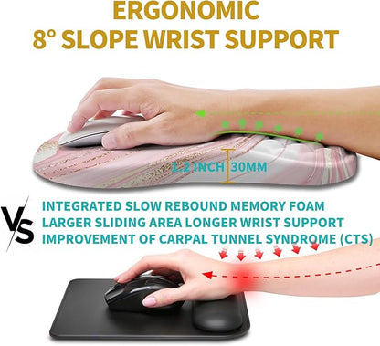 Hokafenle Ergonomic Mouse Pad Wrist Support, Wrist Rest Mousepad for Carpal Tunnel Pain Relief with Integrated Memory Foam Slope Massage Bulge (11.8x7.9 inch,Pink Fluid