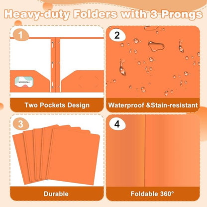 30 Pack Two Pocket Folders Business Card Holder Plastic Folders with Prongs for School Office Filing Cabinet Resume Portfolio (Orange)