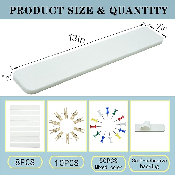 8Pcs Bulletin Board Strips, White Felt Pin Board Bar Strips with 50 Pushpins, Self-Adhesive Felt Cork Board Strips for Wall to Display Your Notes, Photos, Schedules, Announcements