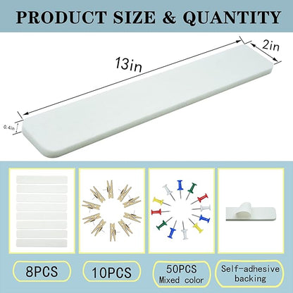 8Pcs Bulletin Board Strips, White Felt Pin Board Bar Strips with 50 Pushpins, Self-Adhesive Felt Cork Board Strips for Wall to Display Your Notes, Photos, Schedules, Announcements