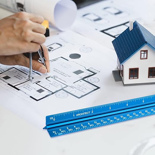 Architectural Scale Ruler, Imperial Measurements 12'', Laser-Etched Aluminum Architect Triangular Ruler for Architects, Students, Draftsman, and Engineers(Blue)