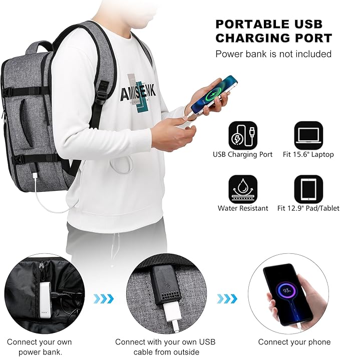 Carry On Backpack, Large Travel Laptop Backpacks, Personal Item Travel Bag with USB Charge Port, Flight-Approved Backpack for Traveling, Water Resistant Luggage Computer Daypack for School, Grey