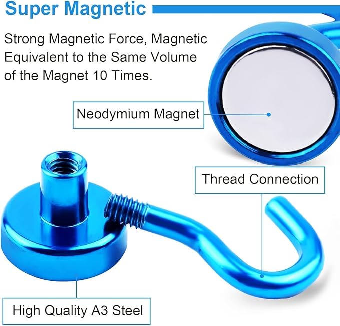 DIYMAG Blue Magnetic Hooks, 50 LB Heavy Duty Strong Magnets with Hooks, Strong Rare Earth Neodymium Magnet Magnetic Hooks for Cruise Cabins Cruise Ship Essentials 20 Packs