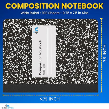 1InTheOffice Marble Composition Notebook, Wide Ruled Composition Notebook, 9.75" x 7.5", Black Marble Cover, 100 Sheets/Pack (12)