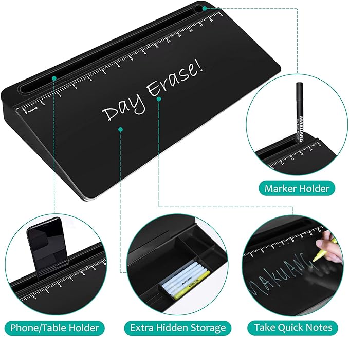 Desk Whiteboard Dry Erase Glass Whiteboard with 15“ Ruler Marker,Tilted Notepad Computer Keyboard Stand with Black Dry Erase Board Surface, Desktop White Board to-do List Memo Notepad,Black