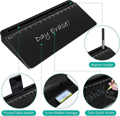 Desk Whiteboard Dry Erase Glass Whiteboard with 15“ Ruler Marker,Tilted Notepad Computer Keyboard Stand with Black Dry Erase Board Surface, Desktop White Board to-do List Memo Notepad,Black