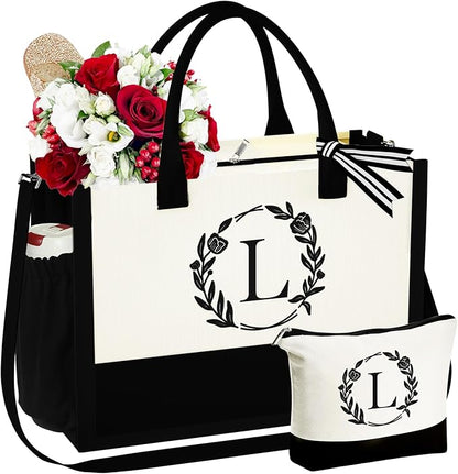 YOOLIFE Christmas Gifts for Women - Initial Canvas Tote Bag & Makeup Bag, Birthday Gifts for Women Her Mom Teacher Friend