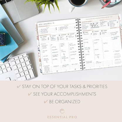 Essential PRO 2025 Daily, Weekly & Monthly Planner, 7"x9": 14 Months (Nov 2024 - Dec 2025) Monthly Tabs,Daily Tracking,Notes Pages,Storage Pocket,Bookmark w Sticky Notes (Colorful Botanicals)